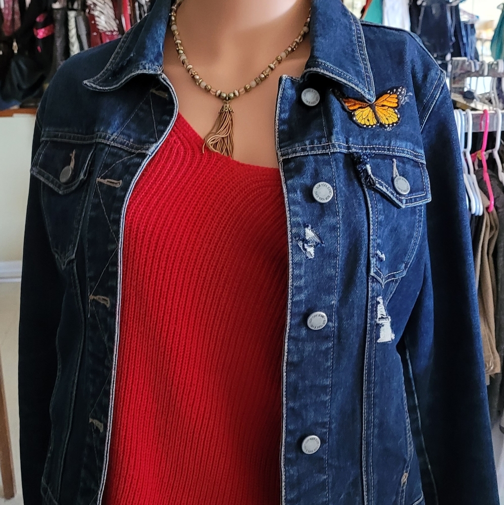 Dark Wash Jean Jacket with Butterfly Patch